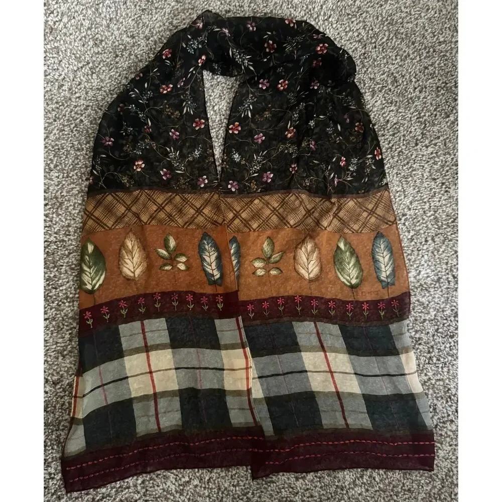 Vintage Echo Chiffon‎ Embroidered Scarf Flowers Plaid Leaves Autumn Fall